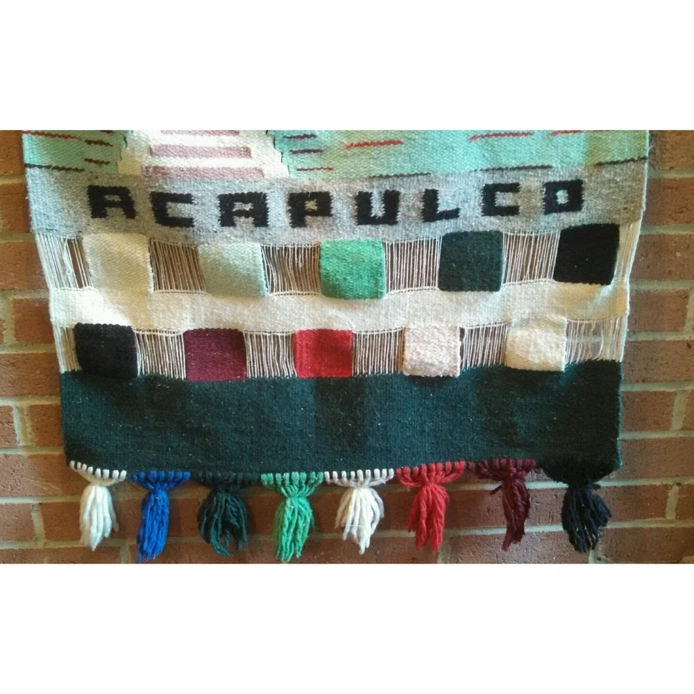 Vintage Mexican Wool Wall Hanging Rug with Fringe Acapulco Large 50 x 28